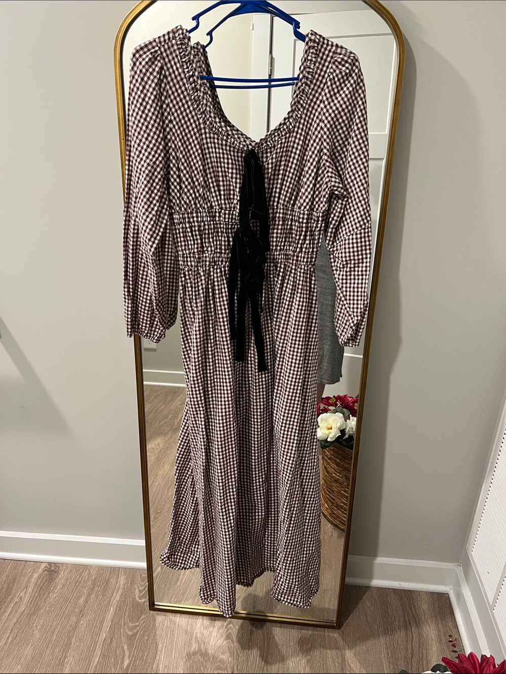 Checked Long Sleeve Maxi Dress with Tie Front
